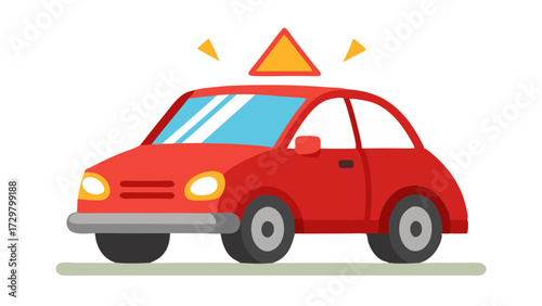 Cartoon style red car with a warning triangle above it depicted