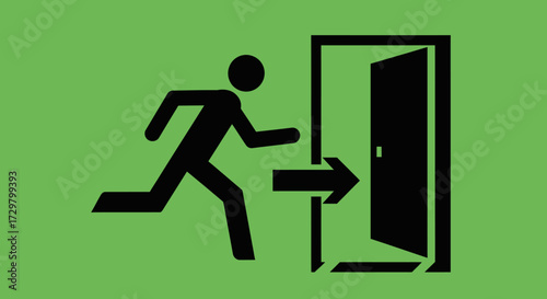 Green emergency exit sign featuring a black pictogram of a running person and an arrow pointing to an open door.