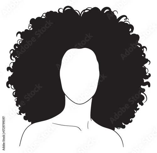 Elegant black and white illustration of a woman with voluminous curly afro hair