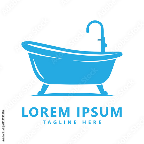 Bathtub Logo with Curved Faucet and Four Legs – Blue Minimalist Design for Bathroom and Plumbing Branding