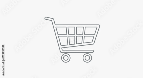 Minimalist grey outline shopping cart icon, vector design with square grid basket and two wheels.