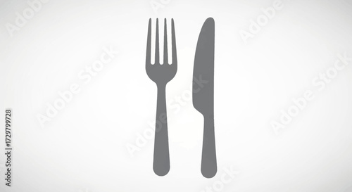 A simple, grey, flat-style illustration of a fork and knife placed side by side.