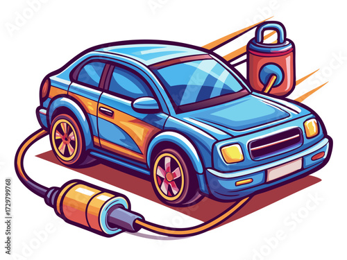 Cartoon electric vehicle charging with a plug and a power source