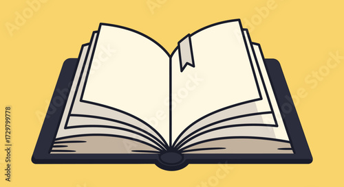 Illustrated open hardcover book with blank off-white pages and a simple ribbon bookmark.