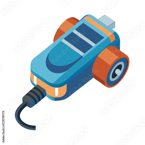 Isometric USB device or adapter with cord and orange circular attachments