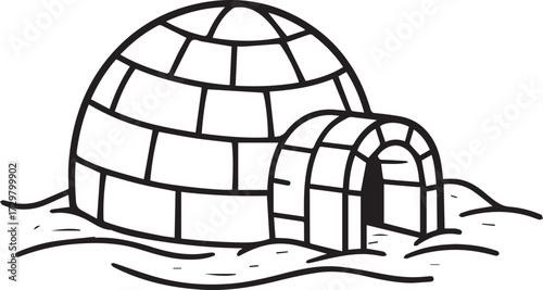 Cozy hand-drawn igloo illustration evoking winter adventures, perfect for travel blogs and holiday designs, scalable from original vector art