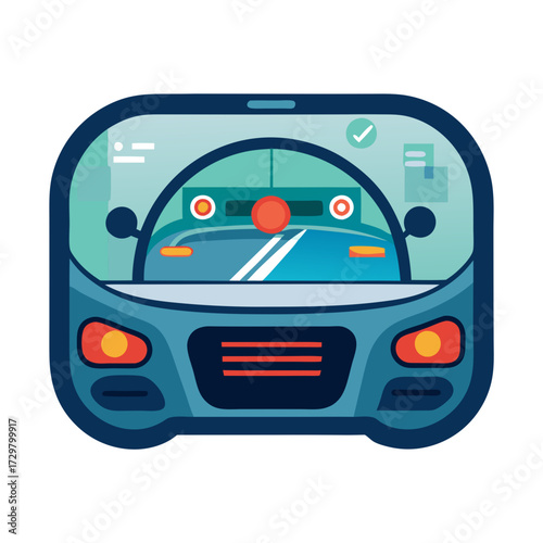 Stylized blue car front view with interior dashboard elements and checkmark