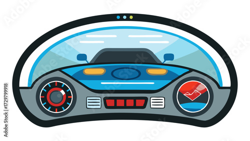Futuristic self driving car cartoon with a modern dashboard interface design