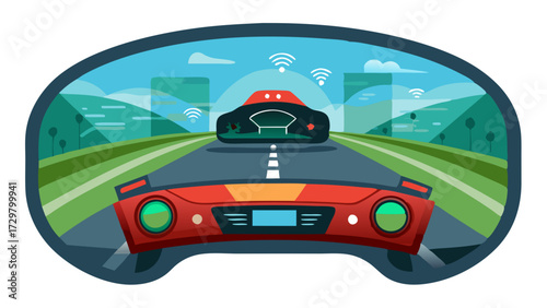 Illustration of a connected self driving autonomous car driving on a road