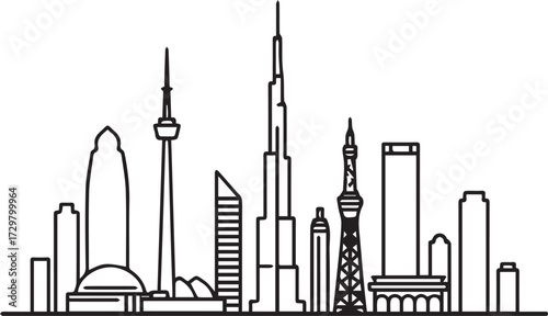 Iconic cityscape skyline featuring famous world landmarks, minimalist vector art for travel and architectural design projects, Dubai, Toronto