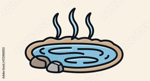A simple cartoon illustration of a steaming natural hot spring pool with rocks.