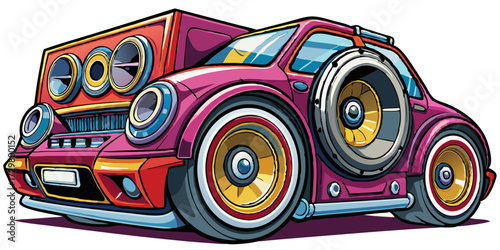 Exaggerated Cartoon Car with Loud Speakers, Colorful and Bold Design