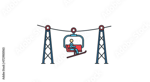 Cartoon ski lift with person on red chair and skis, blue towers, black cable, flat icon style.