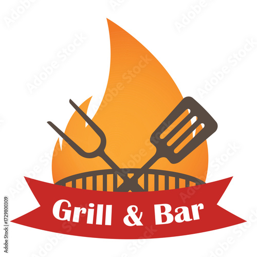 Grill and Bar Logo vector illustration with spatula, fork, fire and grill stove element. 