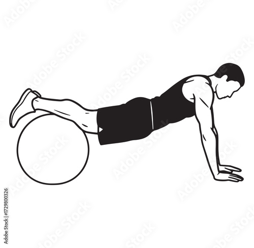Fitness instructor performing exercise ball push up for core strengthening in monochrome illustration