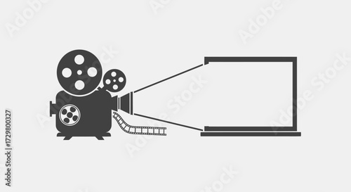 Classic Film Projector with Film Reel and Screen, Vector Illustration.