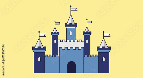 Stylized blue fairytale castle illustration with multiple towers, pointed roofs, flags, and arched entrance.