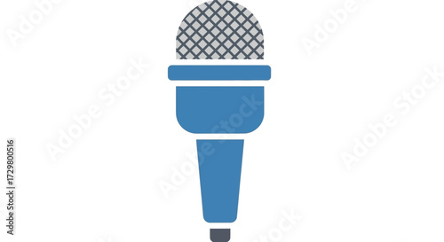 A simple flat icon of a blue handheld microphone with a grey, diamond-patterned mesh grille.