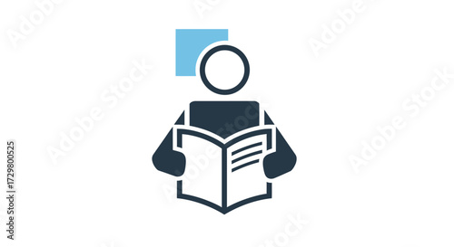 Simple Icon of Person Reading a Book with Blue Square Above