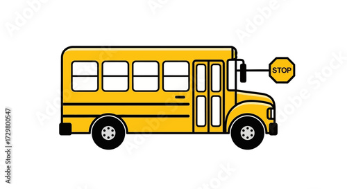 Iconic yellow school bus with extended stop sign arm, flat design vector art