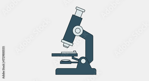 Simple flat vector illustration of a dark blue laboratory microscope in profile view.