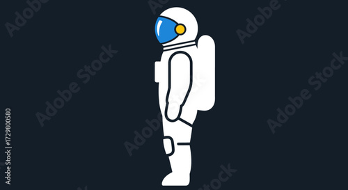 Minimalist cartoon astronaut in a white spacesuit with a blue visor, standing in profile view.