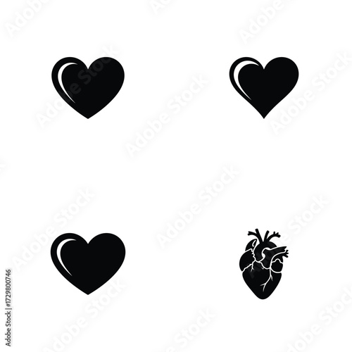 Anatomical Heart and Love Heart Icons in Black and White Graphics