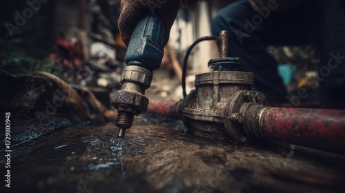 Close-up of a Plumbers Drill Bit Working on Rusty Water Meter and Pipes.