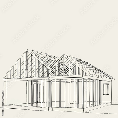 A detailed architectural line drawing illustrates the structural framework and roof trusses of a modern residential house under construction, showcasing the building process.