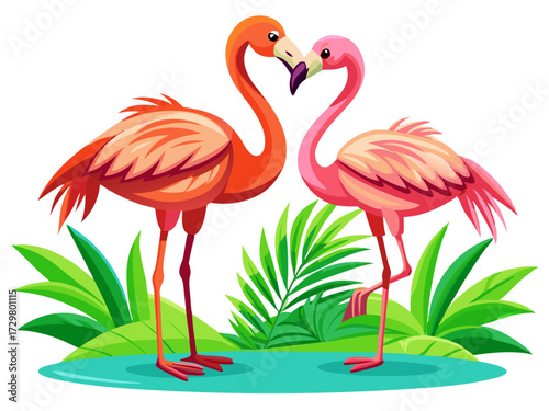 Two pink and orange flamingos forming a heart shape with their necks