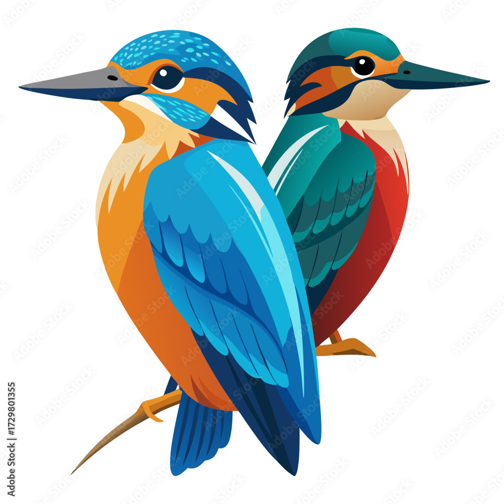Obraz premium Two Kingfishers Perched on a Branch, Beautifully Illustrated with Vibrant Colors