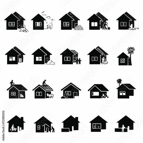 A comprehensive collection of graphic icons illustrating various aspects of home ownership, including construction, renovation, repair, and daily maintenance tasks.