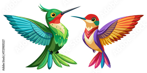 Two brightly colored hummingbirds in flight with wings outstretched on white background