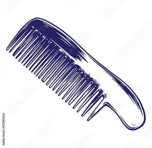 Hand-drawn illustration of a navy blue hair comb isolated on a clean white background