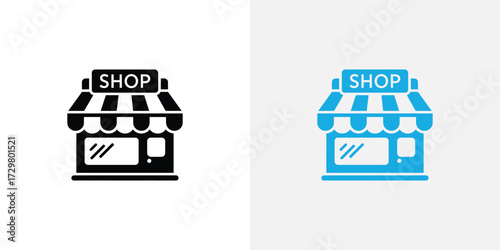 Black and Blue Shop Icons Representing a Retail Storefront with Awning and Window