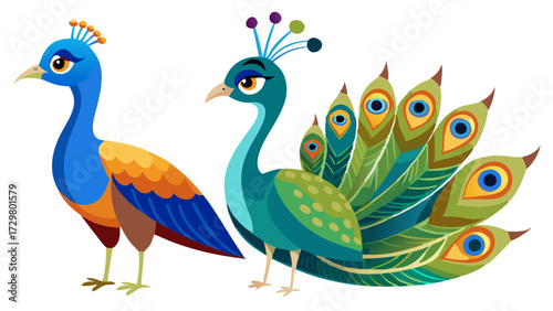Whimsical Cartoon Peacocks with Vibrant Feathers and Elegant Crests, a Colorful Duo