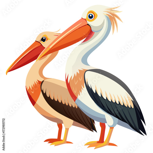 Two stylized pelicans standing side by side with long orange beaks