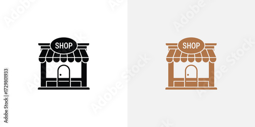 Black and Brown Shop Icon with Awning and Door on White Background Displayed SidebySide