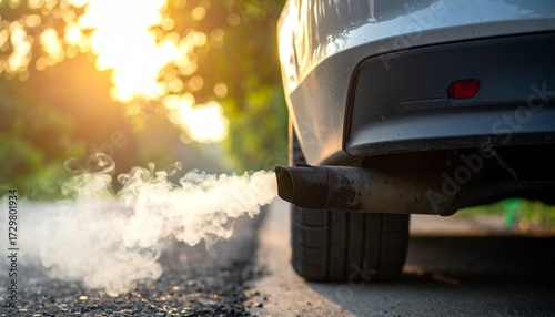 Rear of car ejects flames and smoke from exhaust—set against warm sunset and roadside vegetation—evokes crafted tension, symbolic combustion, and the rhythm of speed, impact, and environmental cost.