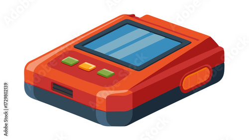 An isometric view of an orange digital meter with a blue screen