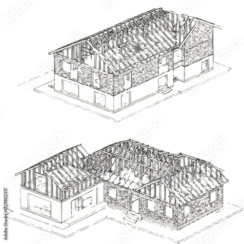 Detailed isometric line drawings depict the architectural framework and structural elements of two distinct traditional buildings, showcasing their unique construction.