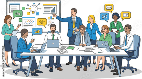 Business team meeting, office presentation, corporate teamwork, brainstorming ideas, project planning, business strategy discussion, professional workplace collaboration