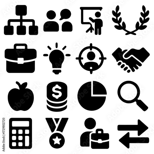 Business Icon Set: A collection of meticulously crafted black icons, symbolizing essential elements of the business world, perfect for illustrating concepts related to commerce and teamwork