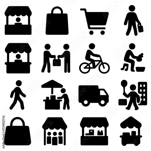 Market Scene Icons: Set of simple black silhouettes representing diverse activities in marketplace setting, Perfect for conveying the essence of commerce and the energy of a bustling market.