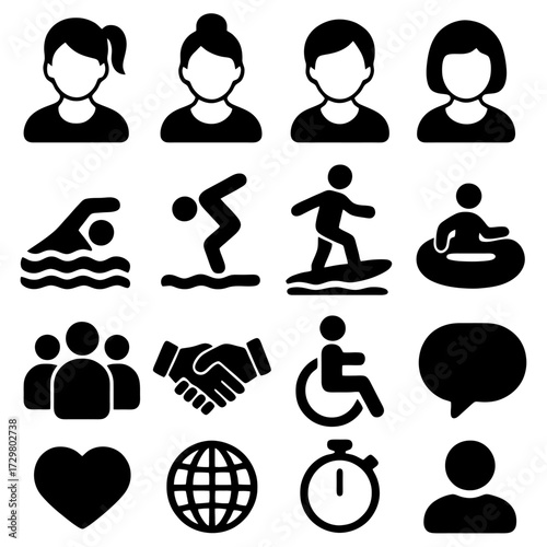 Iconic Symbolism: A collection of diverse icon illustrations, encompassing various themes such as people, sports, social concepts, and universal symbols. The minimalist design conveys a clear message.