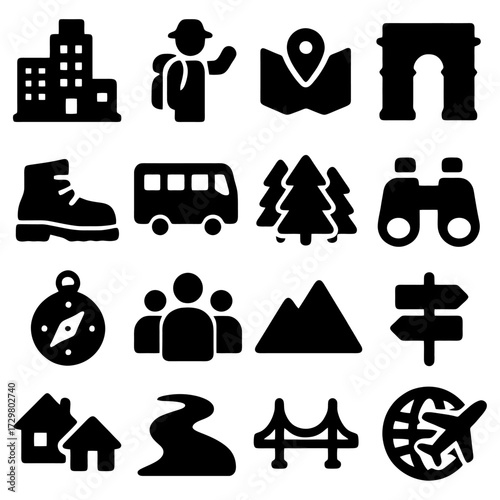 Travel Icon Set: A comprehensive collection of sleek, monochromatic travel icons, perfect for illustrating diverse aspects of journeys and exploration, from iconic landmarks to navigational tools.