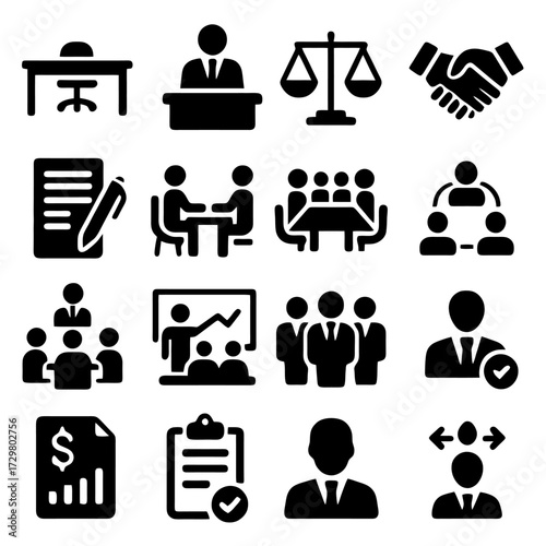 Business Icon Set: A comprehensive collection of meticulously crafted business icons, elegantly representing various facets of professional life, from contract negotiations to team meetings, and more.