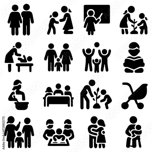 Family Matters: A collection of symbolic icons depicts familial connections, parent-child interactions, and activities centered around nurturing and togetherness. 