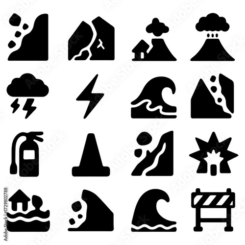 Natural Disaster Icon Set: A striking collection of monochromatic icons, each meticulously designed to represent diverse natural disasters and emergency events. These icons, evoke urgency, resilience.