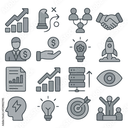 Business Icon Set: A curated set of grey business icons represents core themes of commerce, progress, strategy, and teamwork for easy use in various design applications.